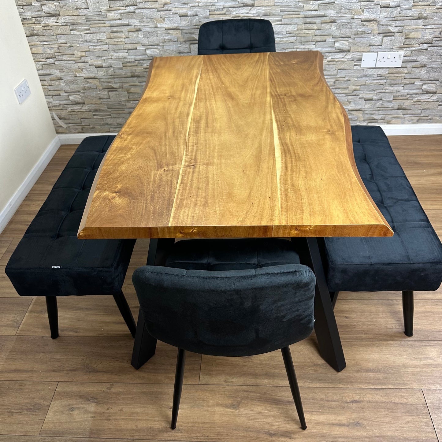 DOUBS Modern Dining Table with 2 Black Velvet Chairs and 2 Benches 5-Piece Set