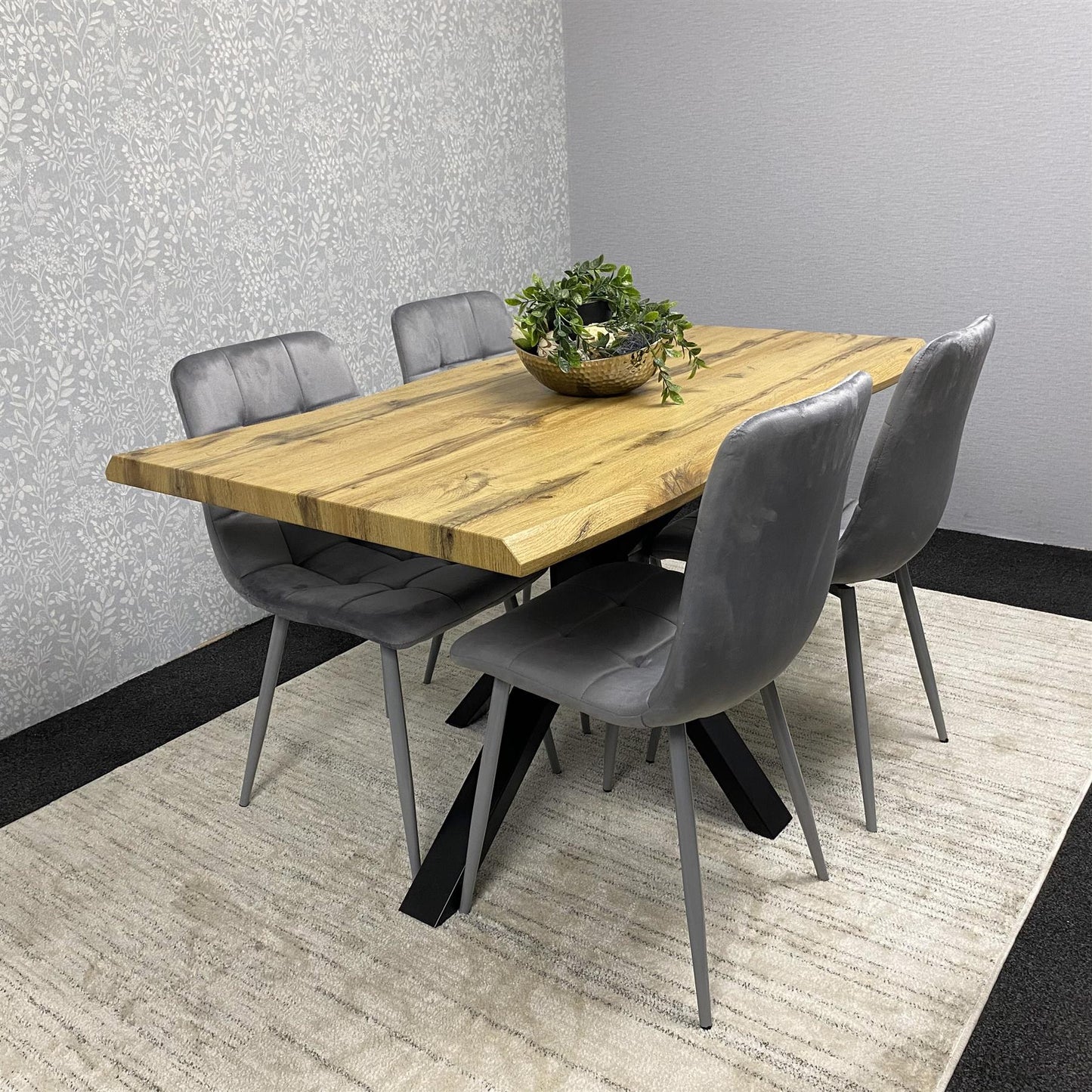 DOUBS Wooden Brown Dining Table with 4 Grey Velvet Chairs, Stylish Dining Room Furniture