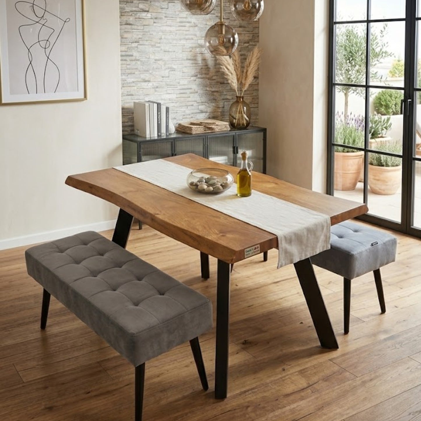 DOUBS Wood Dining Table and 2 Grey Velvet Benches 3-Piece Set