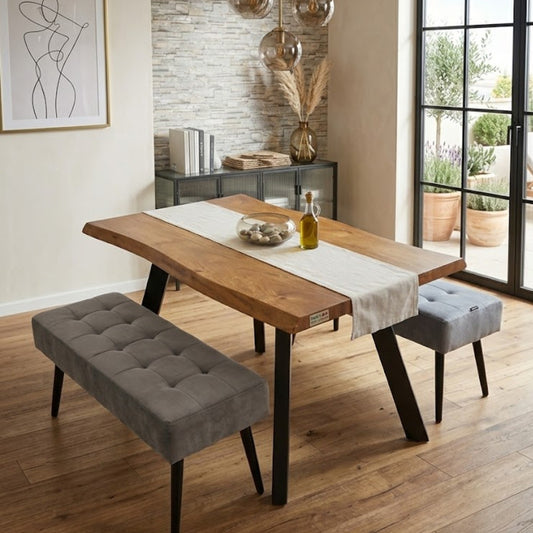 DOUBS Wood Dining Table and 2 Grey Velvet Benches 3-Piece Set