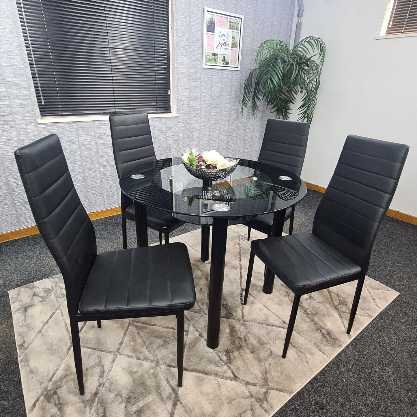Dining Table and 4 Chairs Round Glass Black  4 Black  Leather Chairs Dining Room
