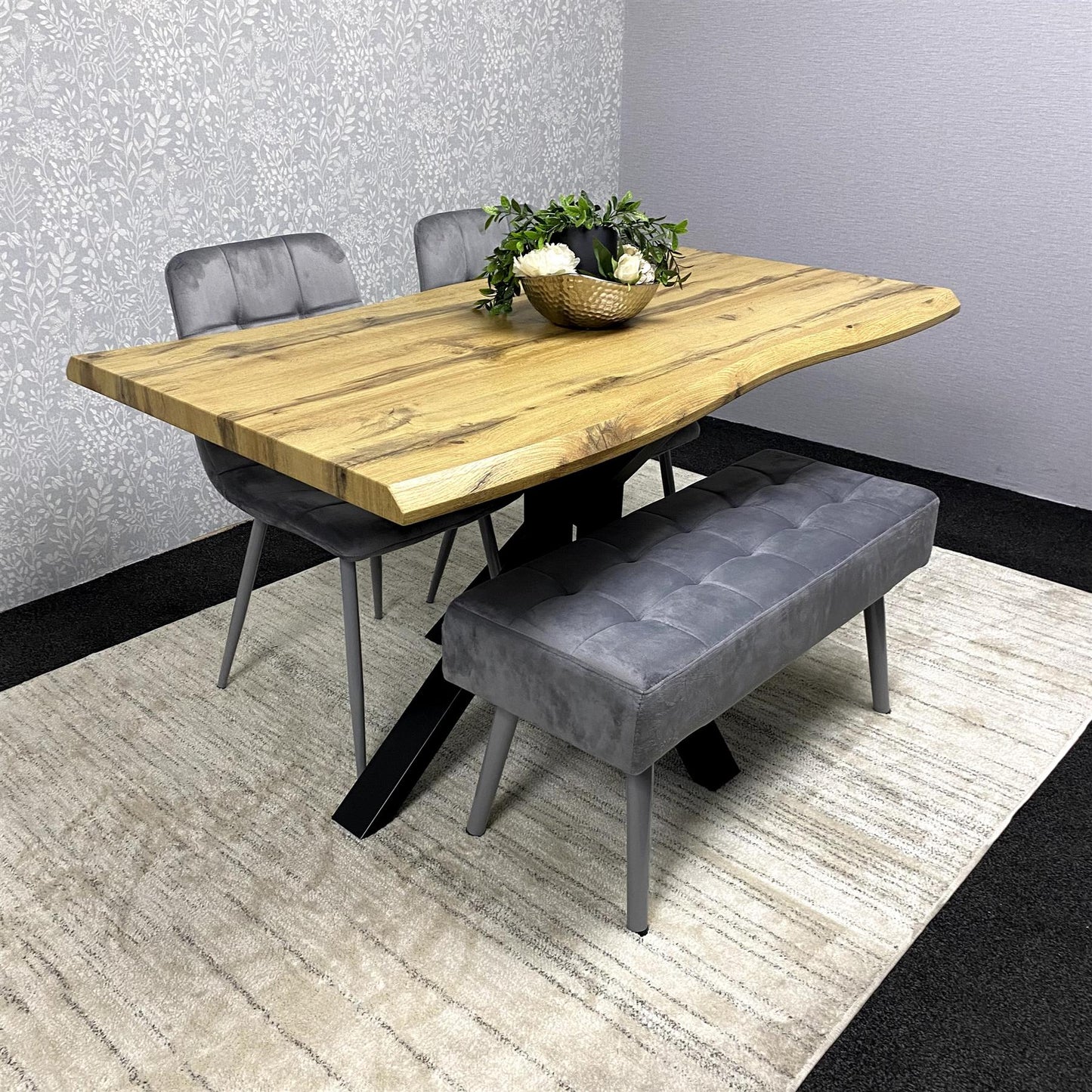 DOUBS Wood Dining Set with Tufted Velvet Chairs & Grey Velvet Bench