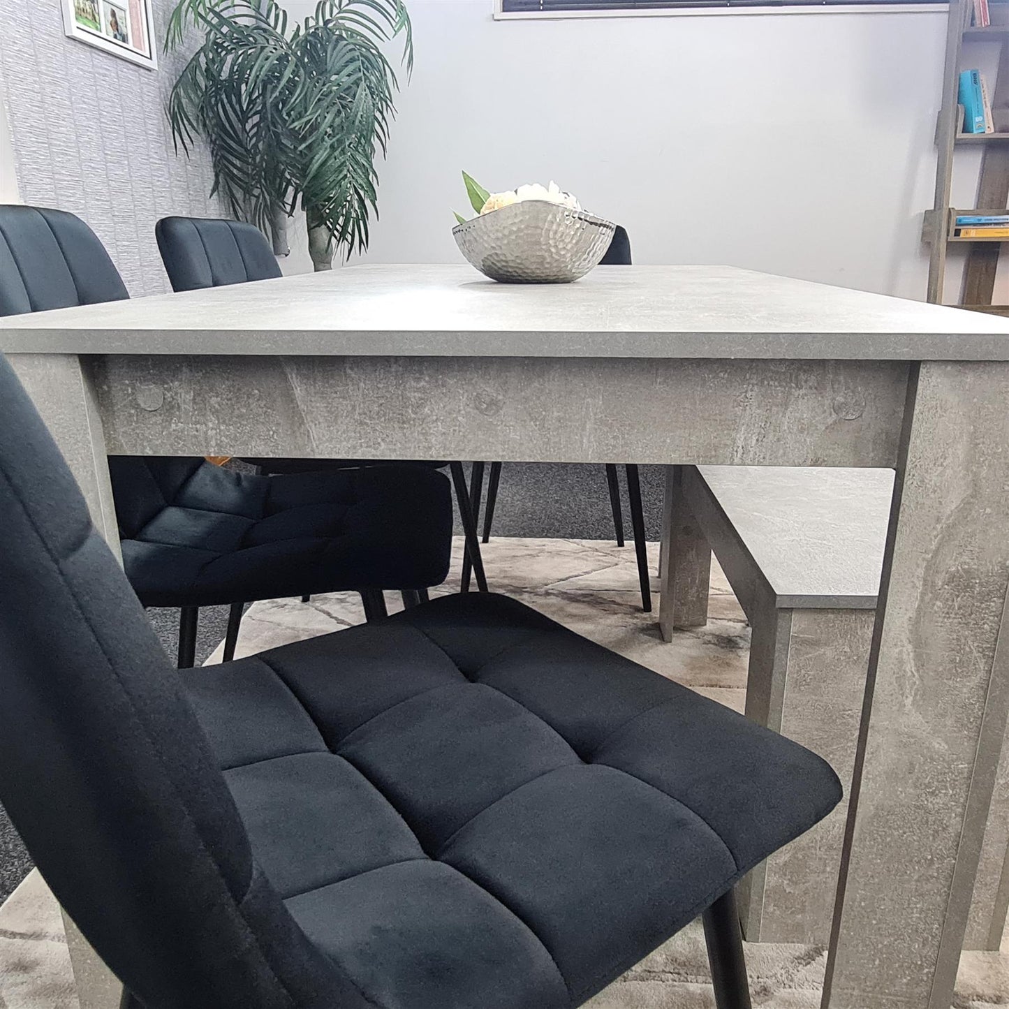 Dining Table and 4 Chairs With Bench Stone Grey Effect Wood Table 4 Black Velvet  Chairs Dining Room