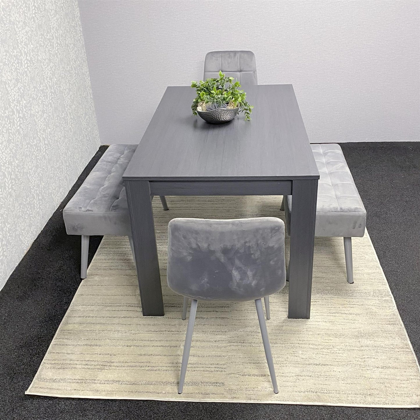 Dark Grey Arrow Design Wooden Dining Table with Velvet Chairs and 2 Benches