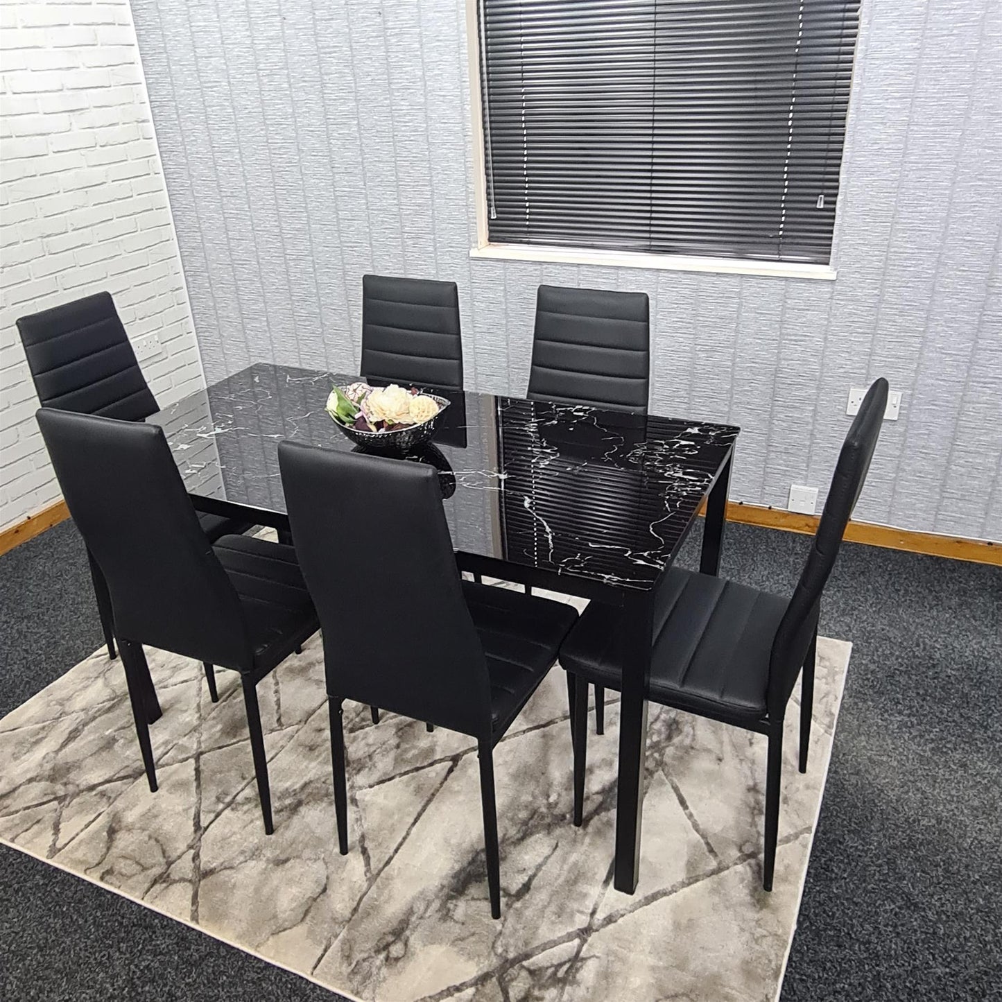 Dining Table and 6 Chairs Black Marble Effect Glass 6 Leather Black Chairs Dining Room Furniture