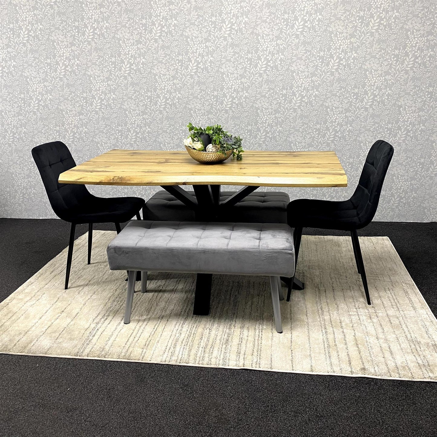 DOUBS Wooden Brown Dining Table with 2 Black Velvet Chairs and Grey Padded Benches, Dining Room Furniture