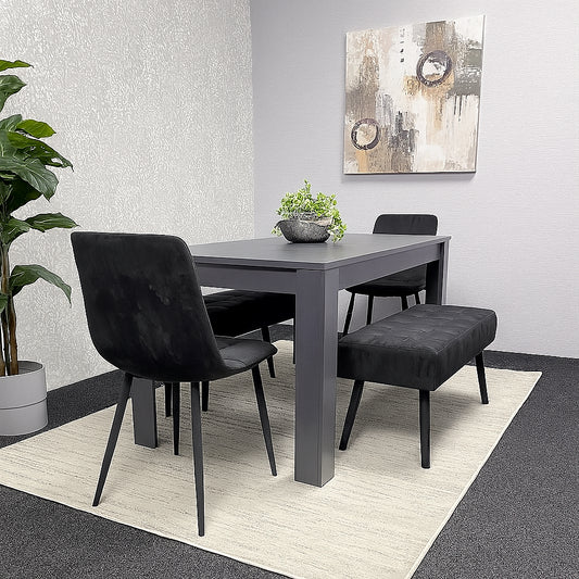 Arrow Design Wooden Dining Table with Black  Velvet Chairs and 2 black velvet Benches