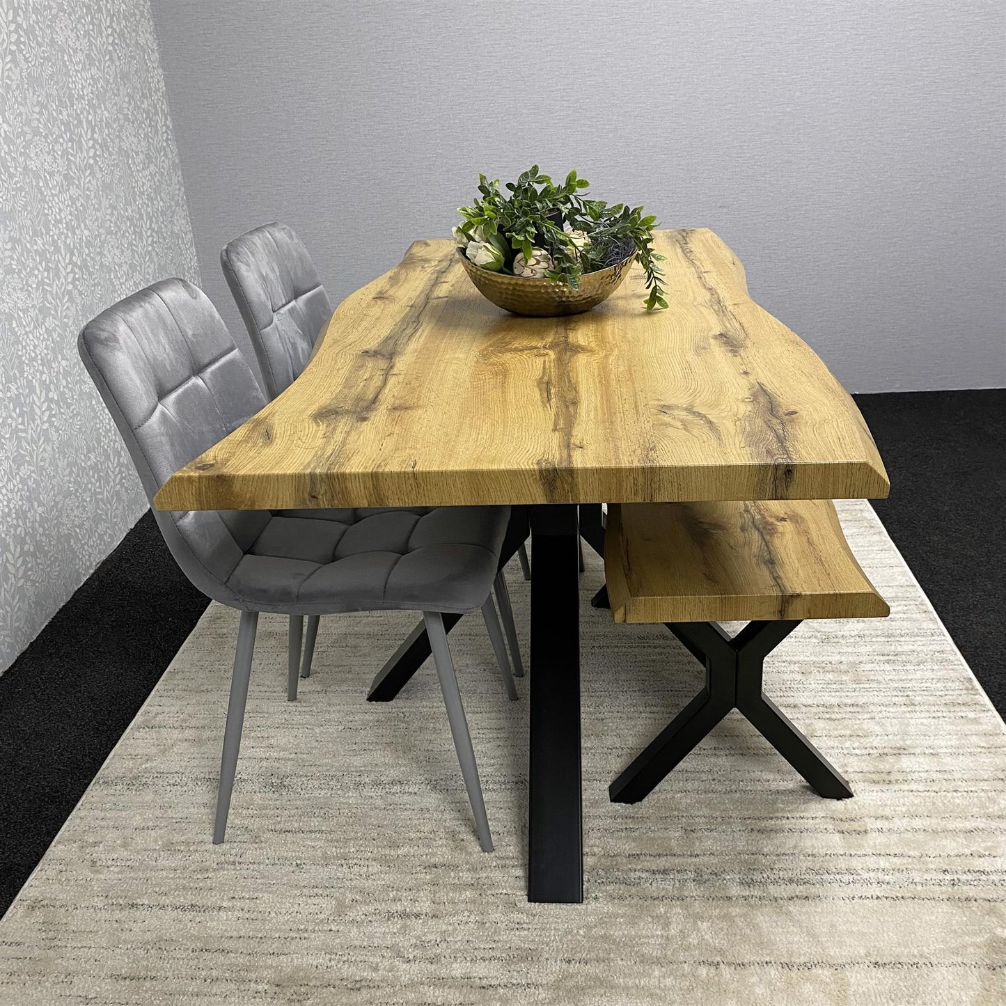 DOUBS Brown Wooden Dining Table with 2 Grey Velvet Chairs and Bench - Dining Kitchen Room Furniture