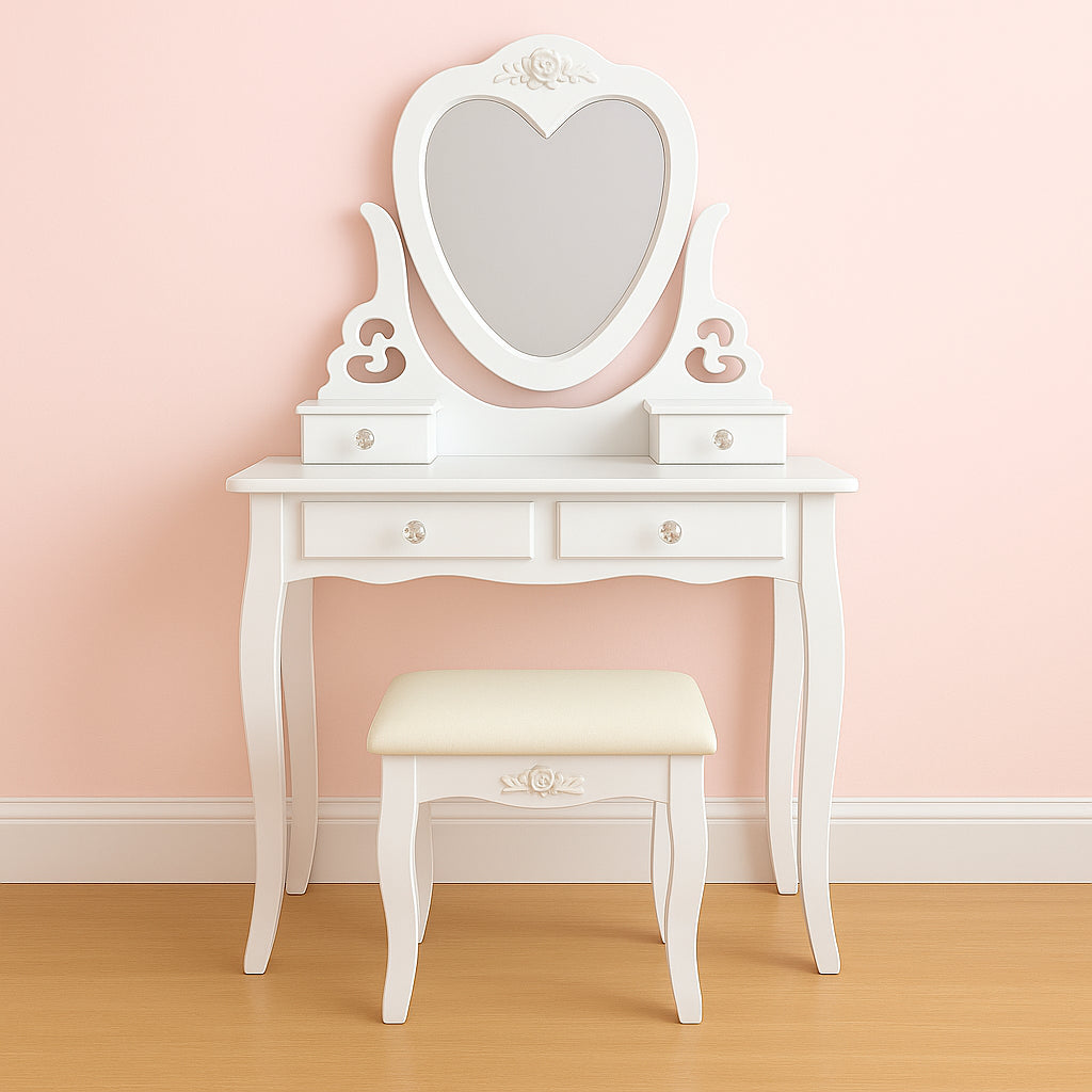 DOUBS Dressing Table with Heart Shaped Mirror and Stool Makeup Vanity Mirror Hollywood Table