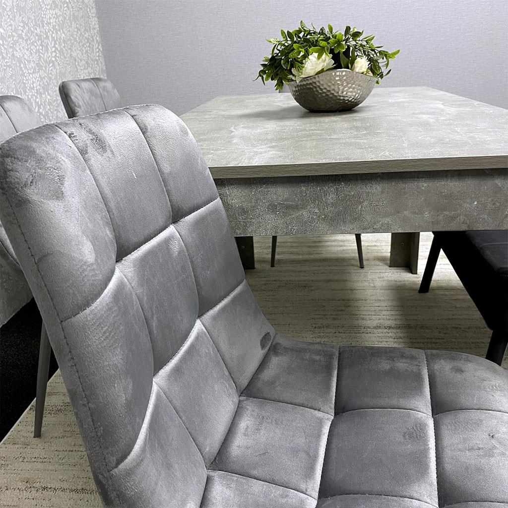 Grey Wooden Dining Table Set with 4 Grey Chairs and 1 Bench - Dining Kitchen Room Furniture