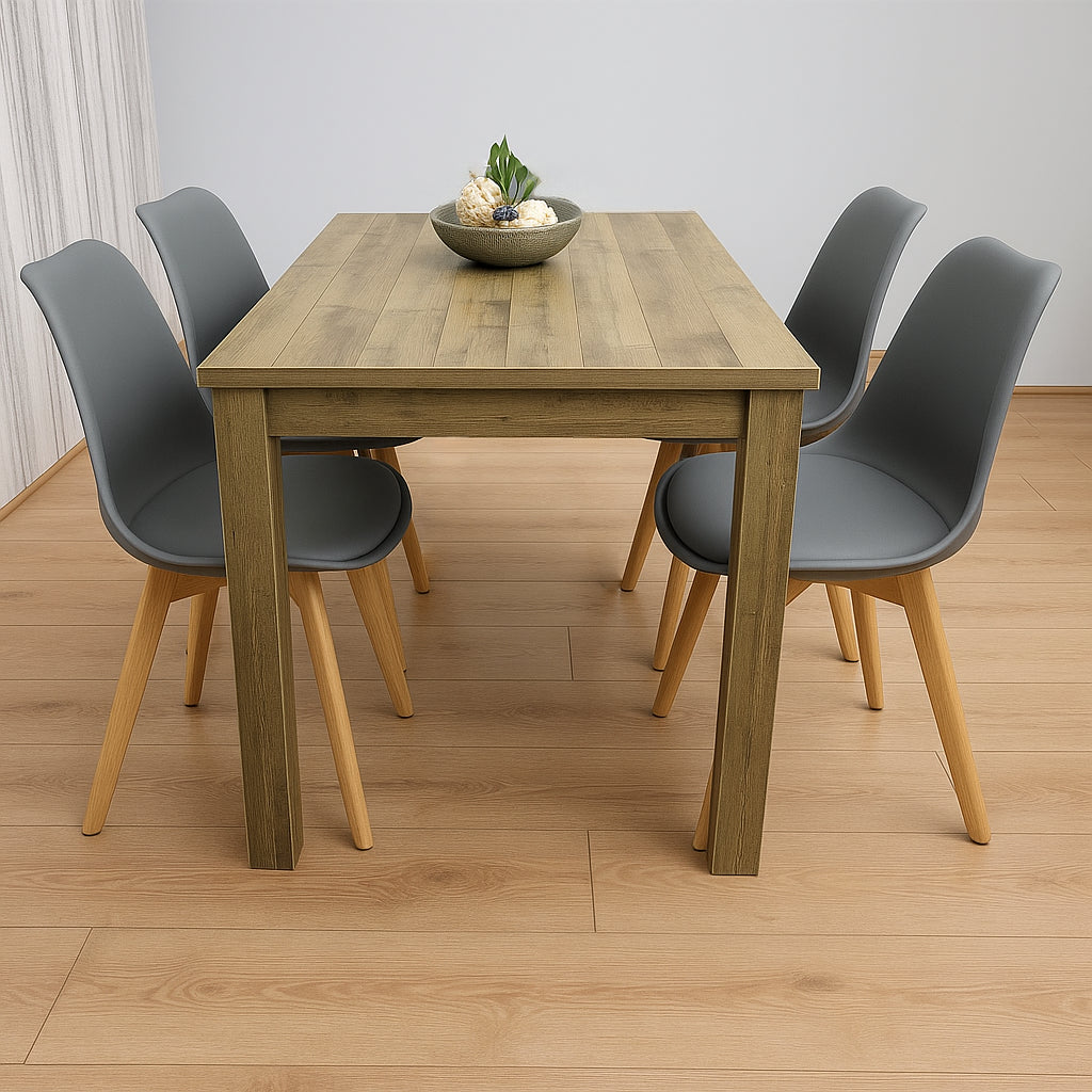 Dining Table and 4 Chairs Rustic Effect Wood Table 4 Grey Plastic Leather Chairs Dining Room