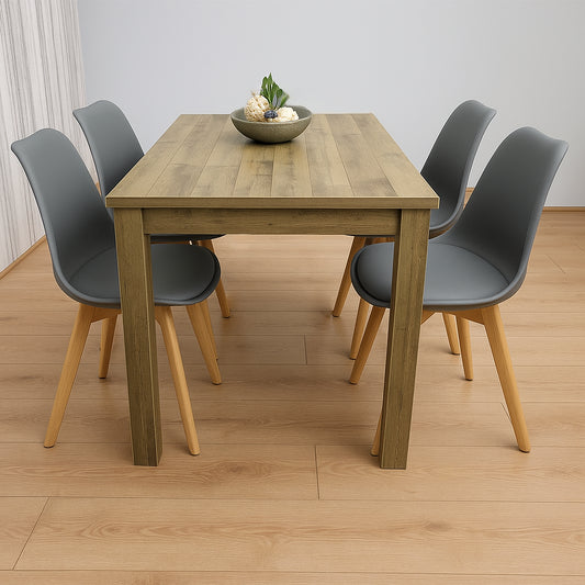 Dining Table and 4 Chairs Rustic Effect Wood Table 4 Grey Plastic Leather Chairs Dining Room