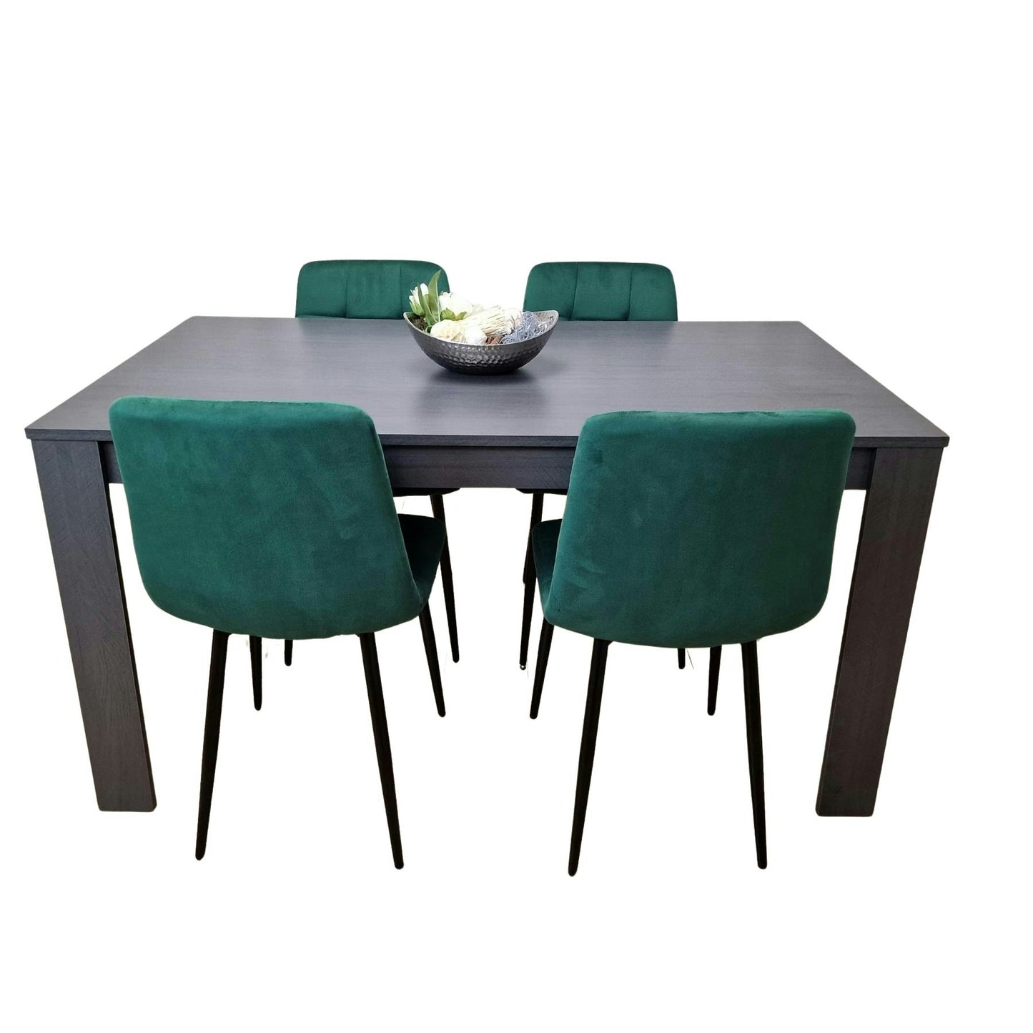 Dining Table and 4 Chairs  Black Dark Grey Velvet Green Chairs Wood Dining Set Furniture