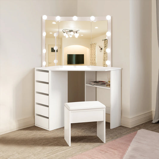 DOUBS Corner Dressing Table with Mirror and Stool Makeup Vanity LED Mirror Lights Hollywood Table