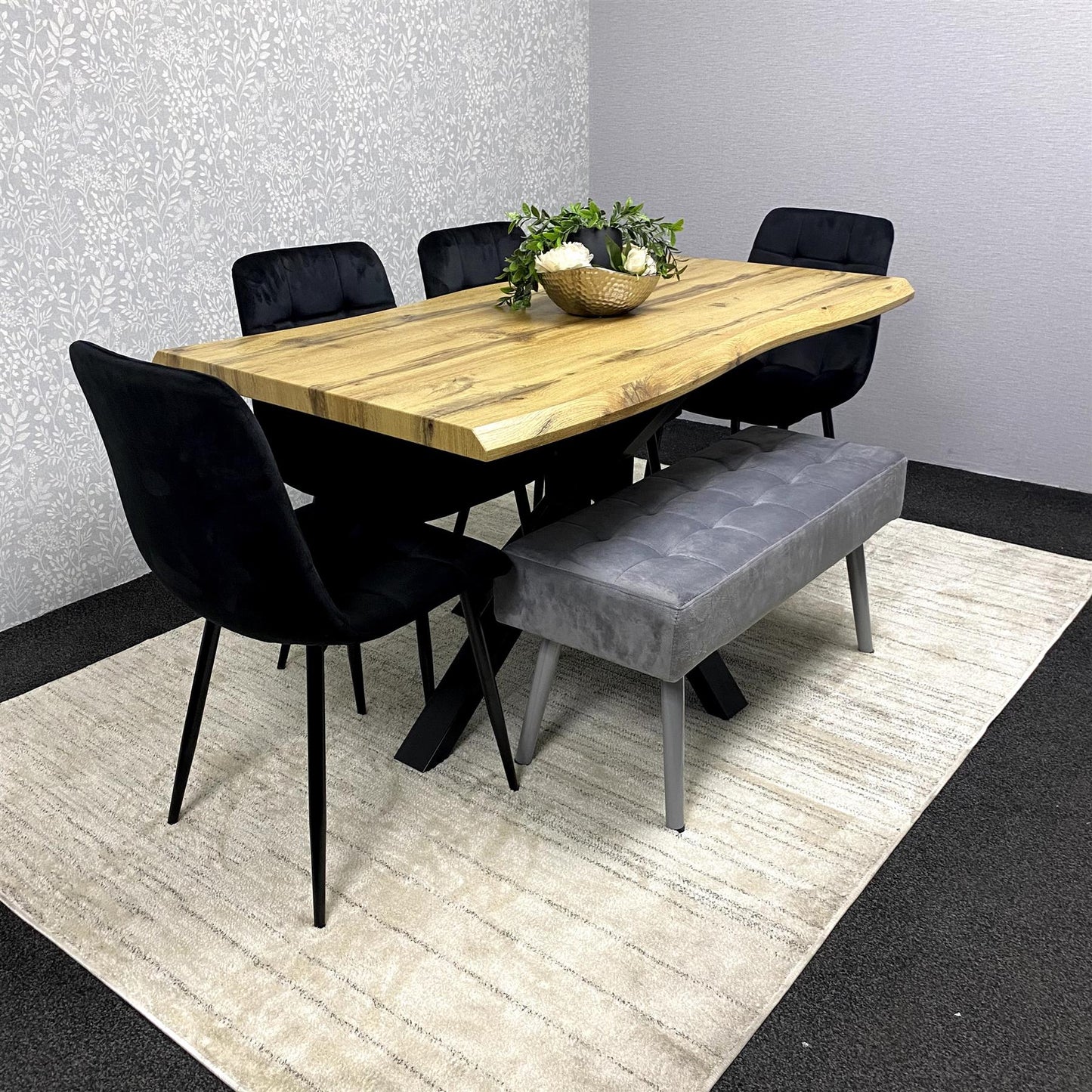 DOUBS Wood Dining Set with Velvet Chairs & Grey Velvet Bench