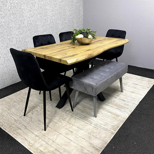 DOUBS Wood Dining Set with Velvet Chairs & Grey Velvet Bench