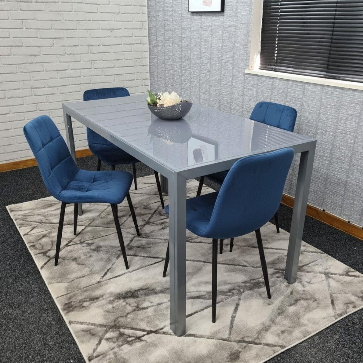 Modern Grey Glass Dining Table Set with 4 blue velvet Chairs Dining Room Furniture