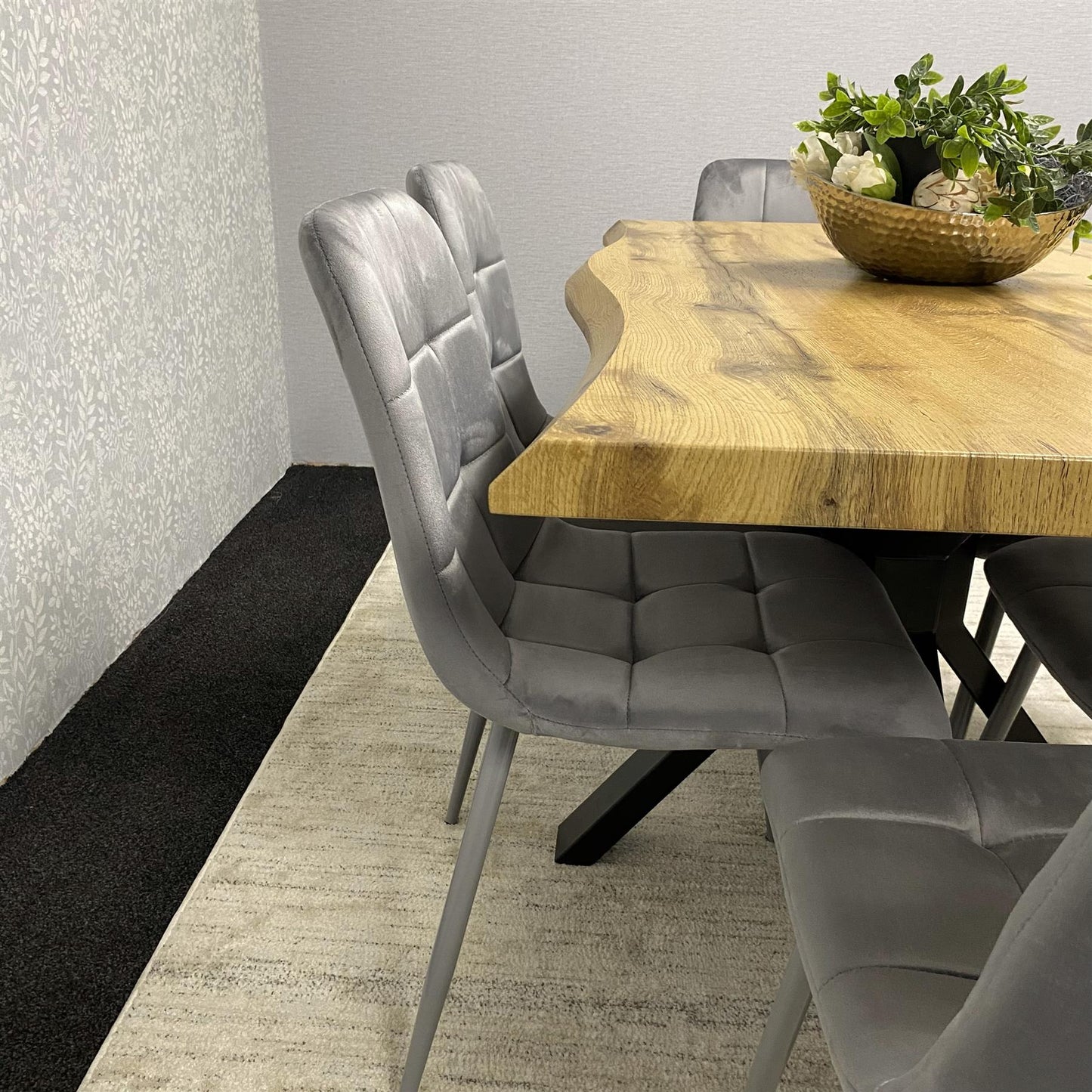 DOUBS Wooden Dining Table with 6 Grey Velvet Chairs - Dining Kitchen Room Furniture