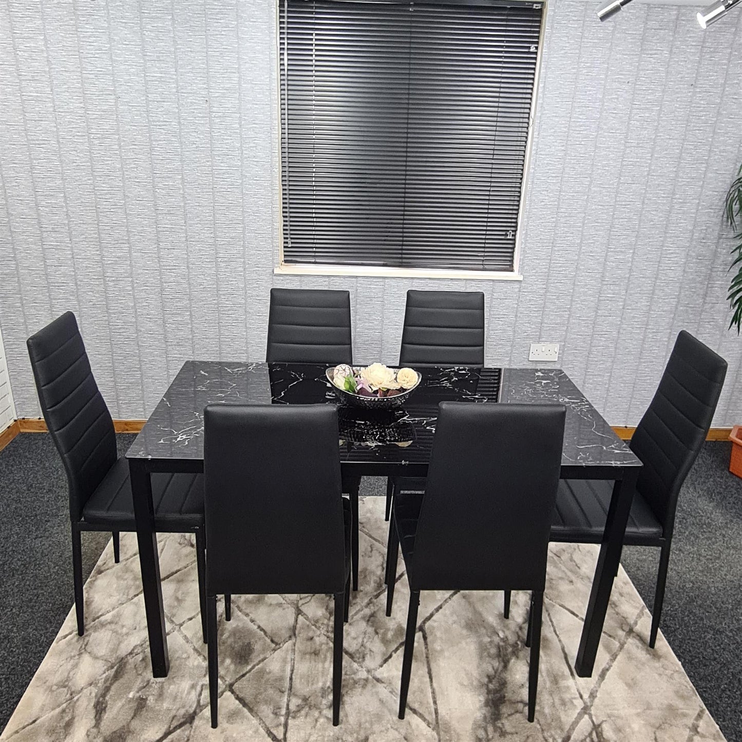 Dining Table and 6 Chairs Black Marble Effect Glass 6 Leather Black Chairs Dining Room Furniture