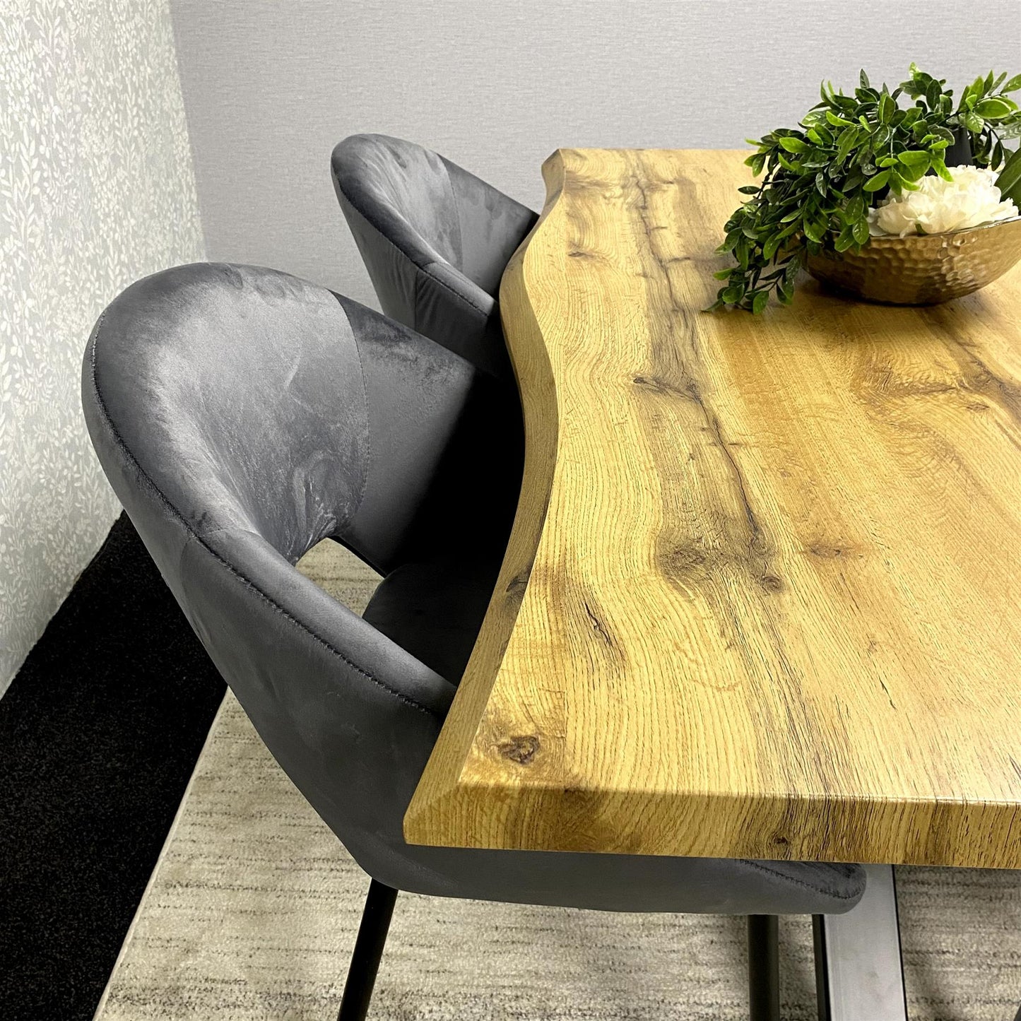 DOUBS Wooden Brown Dining Table with grey velvet Bench and 2 Grey Velvet Chairs, Stylish Dining Room Furniture