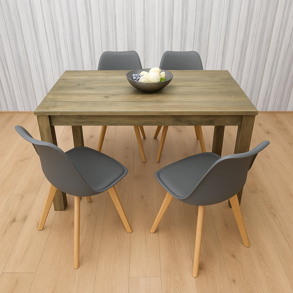 Dining Table and 4 Chairs Rustic Effect Wood Table 4 Grey Plastic Leather Chairs Dining Room