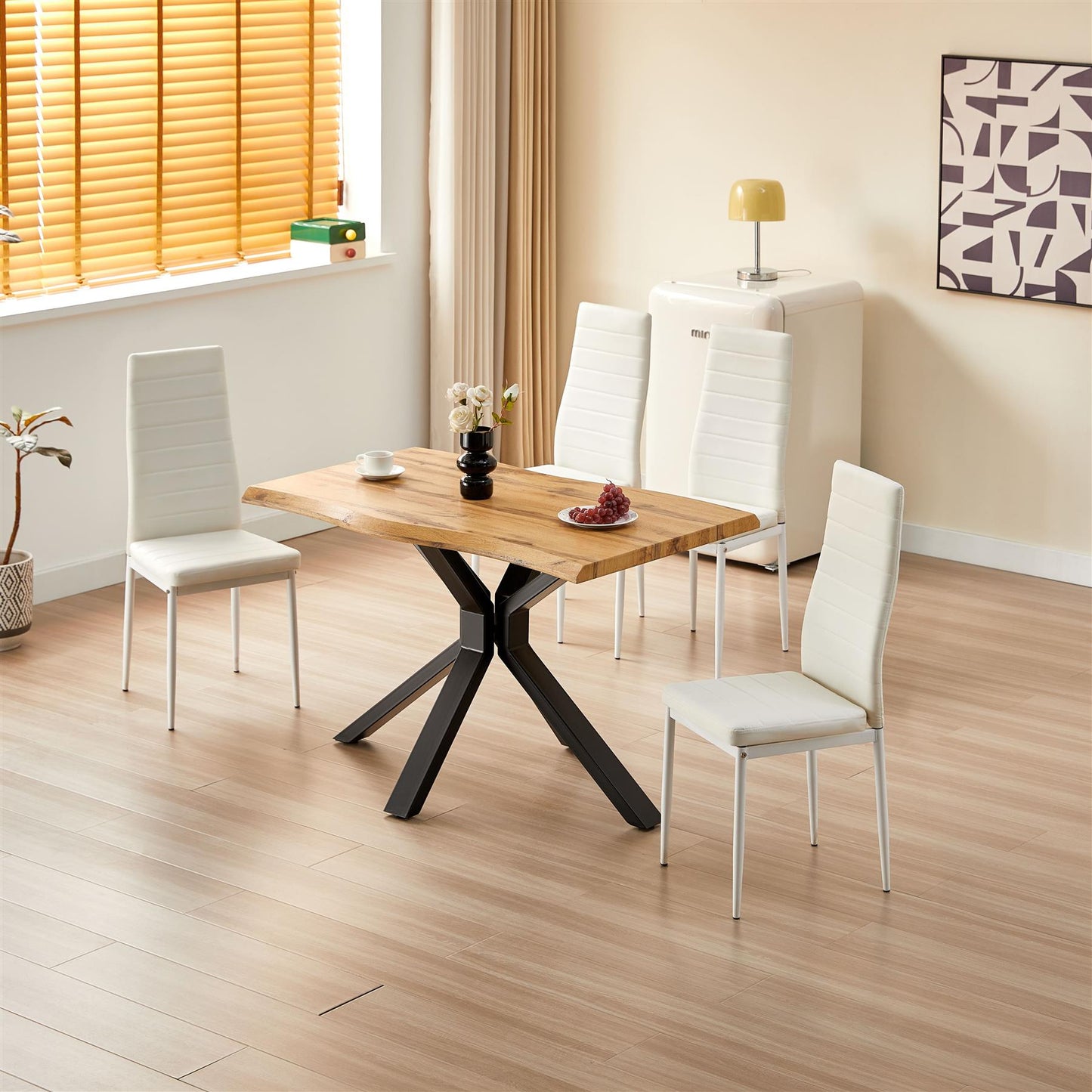 DOUBS Brown Wooden Dining Table with 4 White Leather Chairs - Dining Kitchen Room Furniture