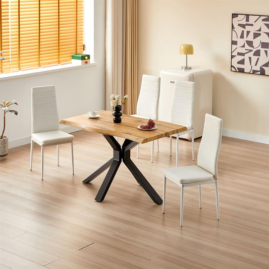 DOUBS Brown Wooden Dining Table with 4 White Leather Chairs - Dining Kitchen Room Furniture