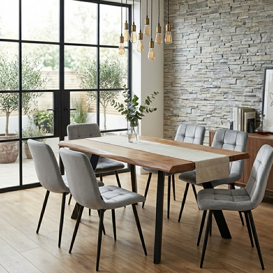 DOUBS Modern Wood Dining Table and 6 Grey Velvet Chairs 7-Piece Set