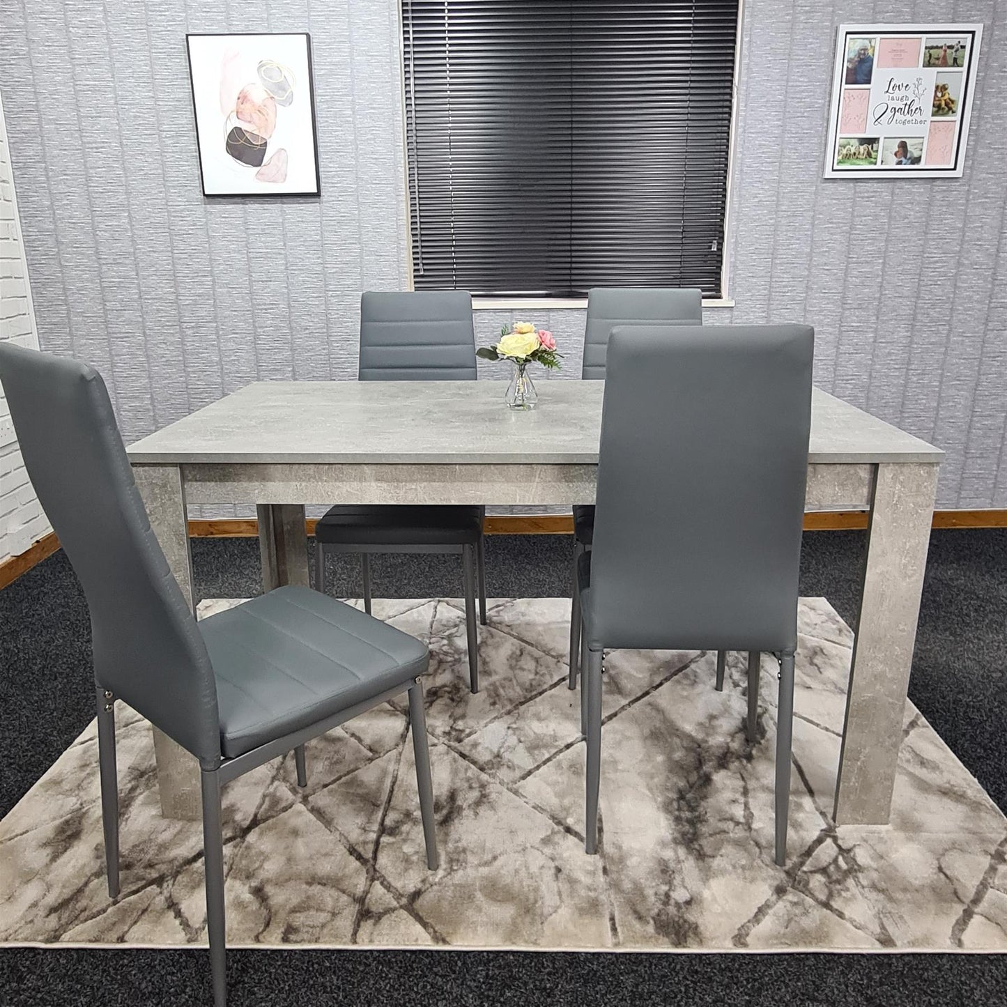 Dining Table and 4 Chairs Stone Grey Effect Wood Table 4 Grey Leather Chairs Dining Room