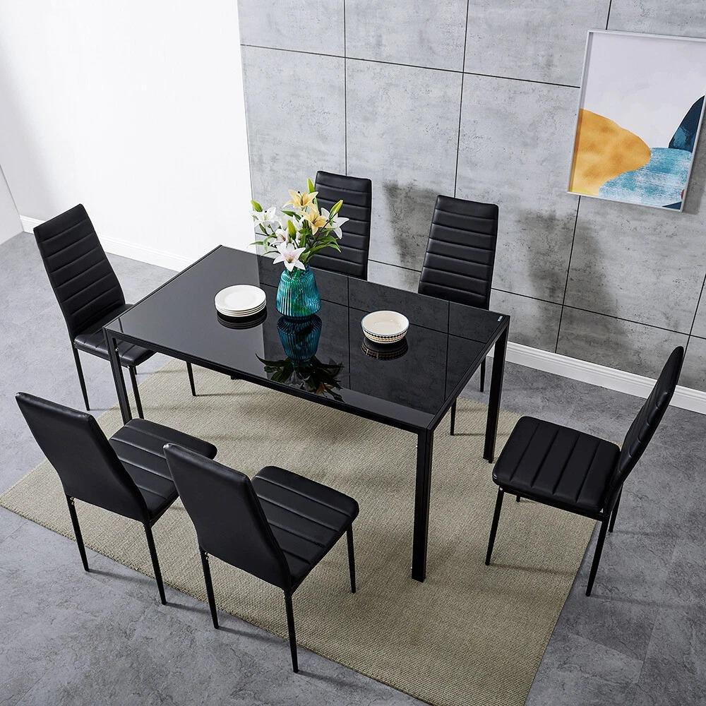 Black Glass Dining Table set with 6 Black Faux Leather Chairs Home Kitchen Dining Furniture