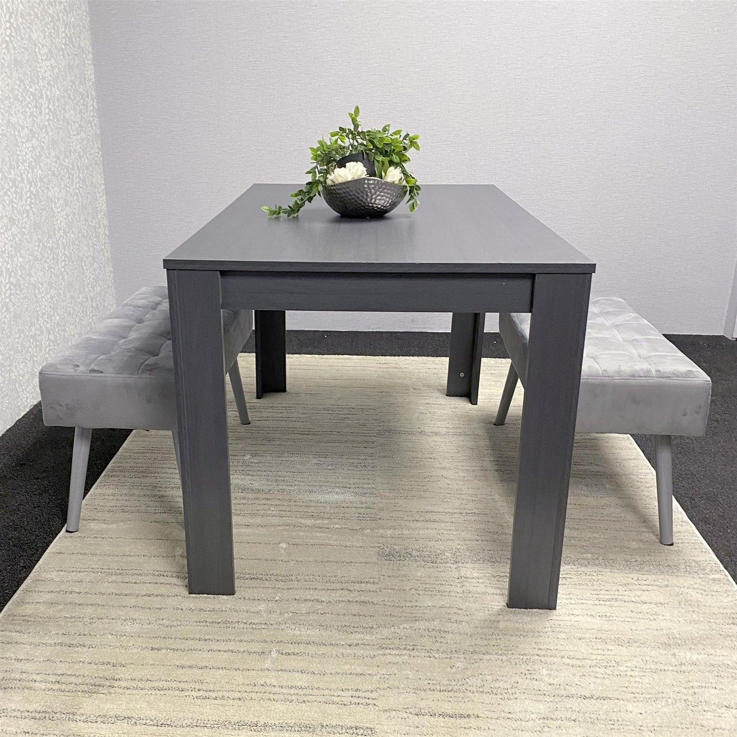 Wooden Dark Grey Arrow Design Dining Set with Velvet Chairs & Benches