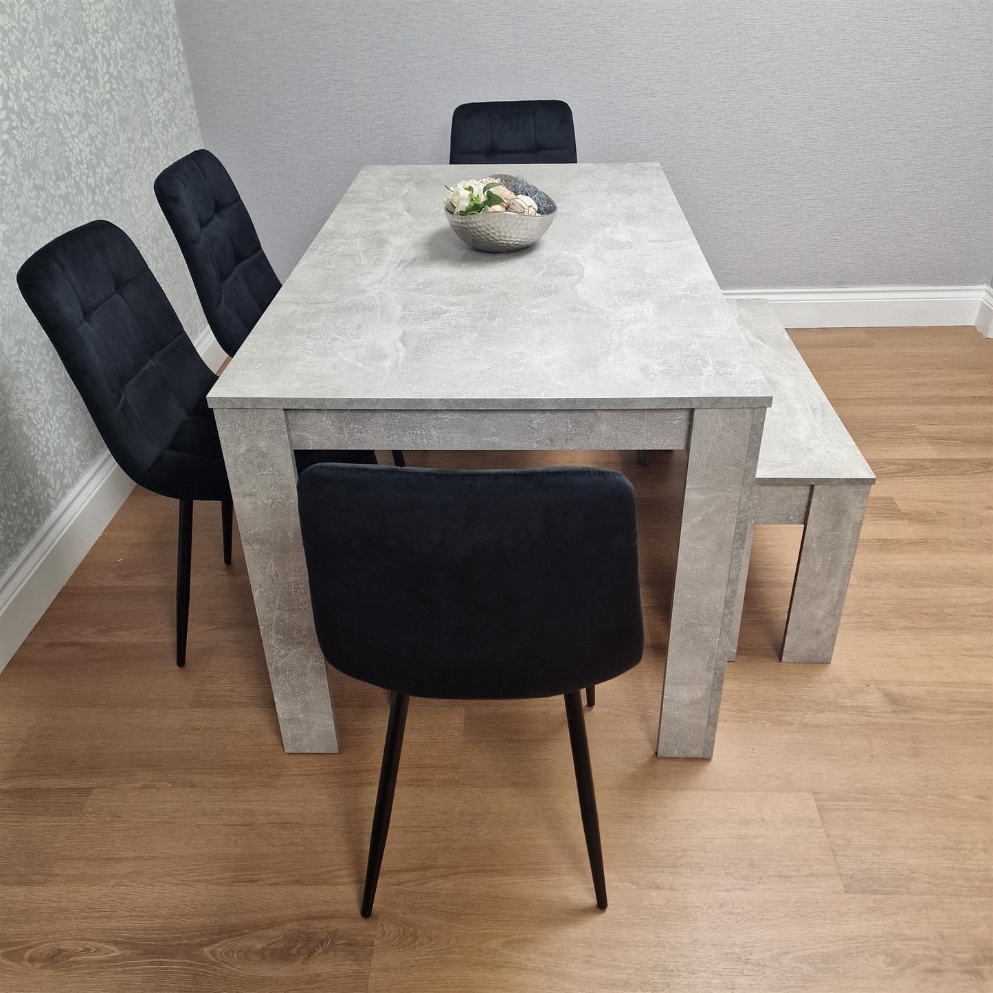 Dining Table and 4 Chairs With Bench Stone Grey Effect Wood Table 4 Black Velvet  Chairs Dining Room