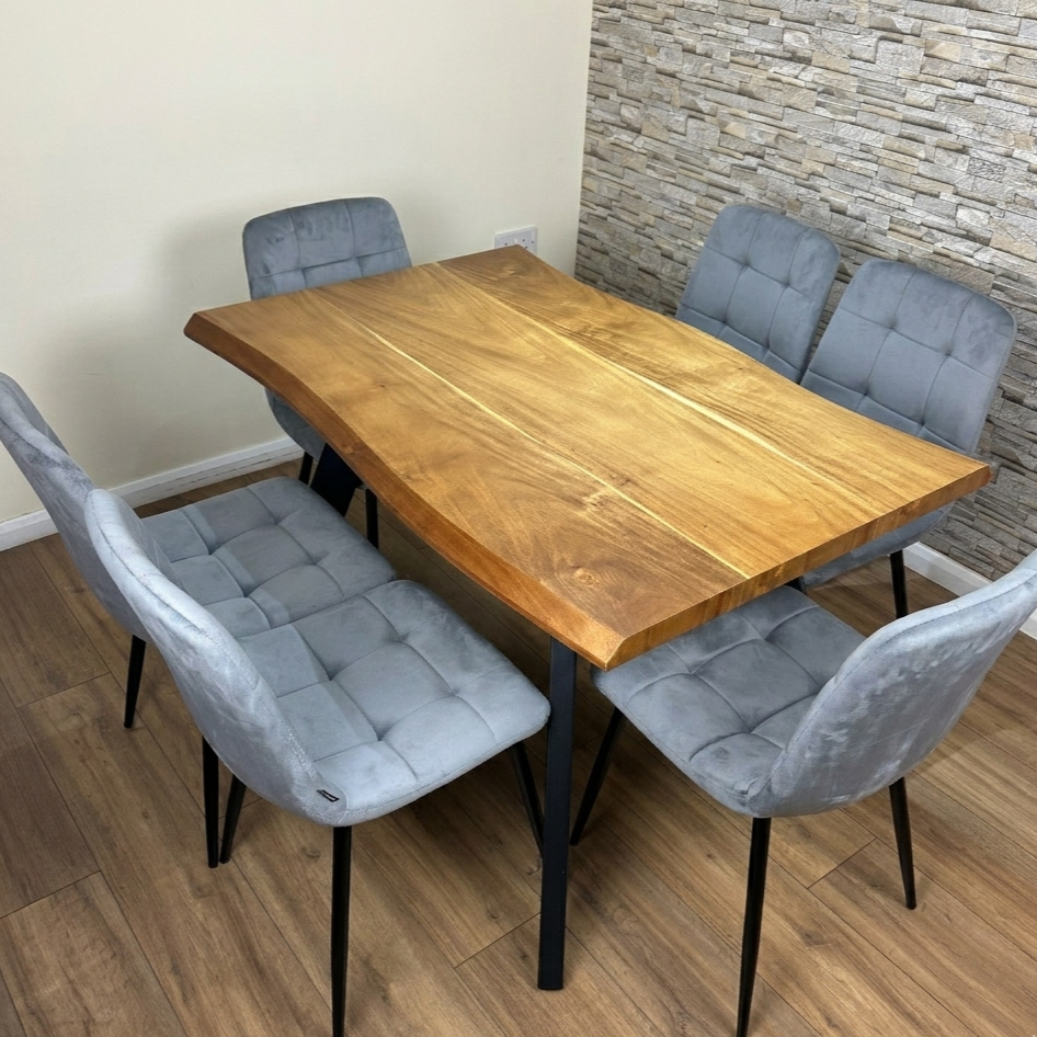 DOUBS Modern Wood Dining Table and 6 Grey Velvet Chairs 7-Piece Set
