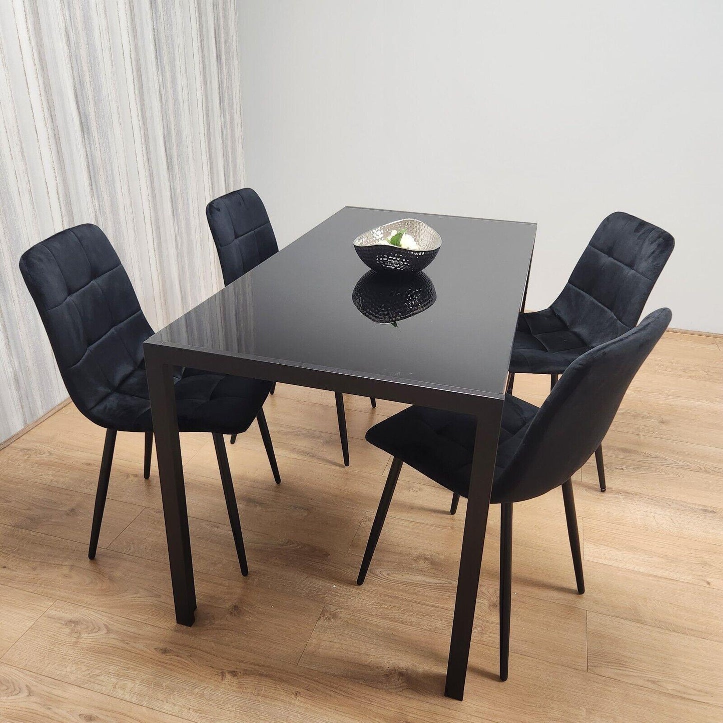 Dining Table and 4 Chairs Black Glass 4 Velvet Chairs  Dining Room Furniture