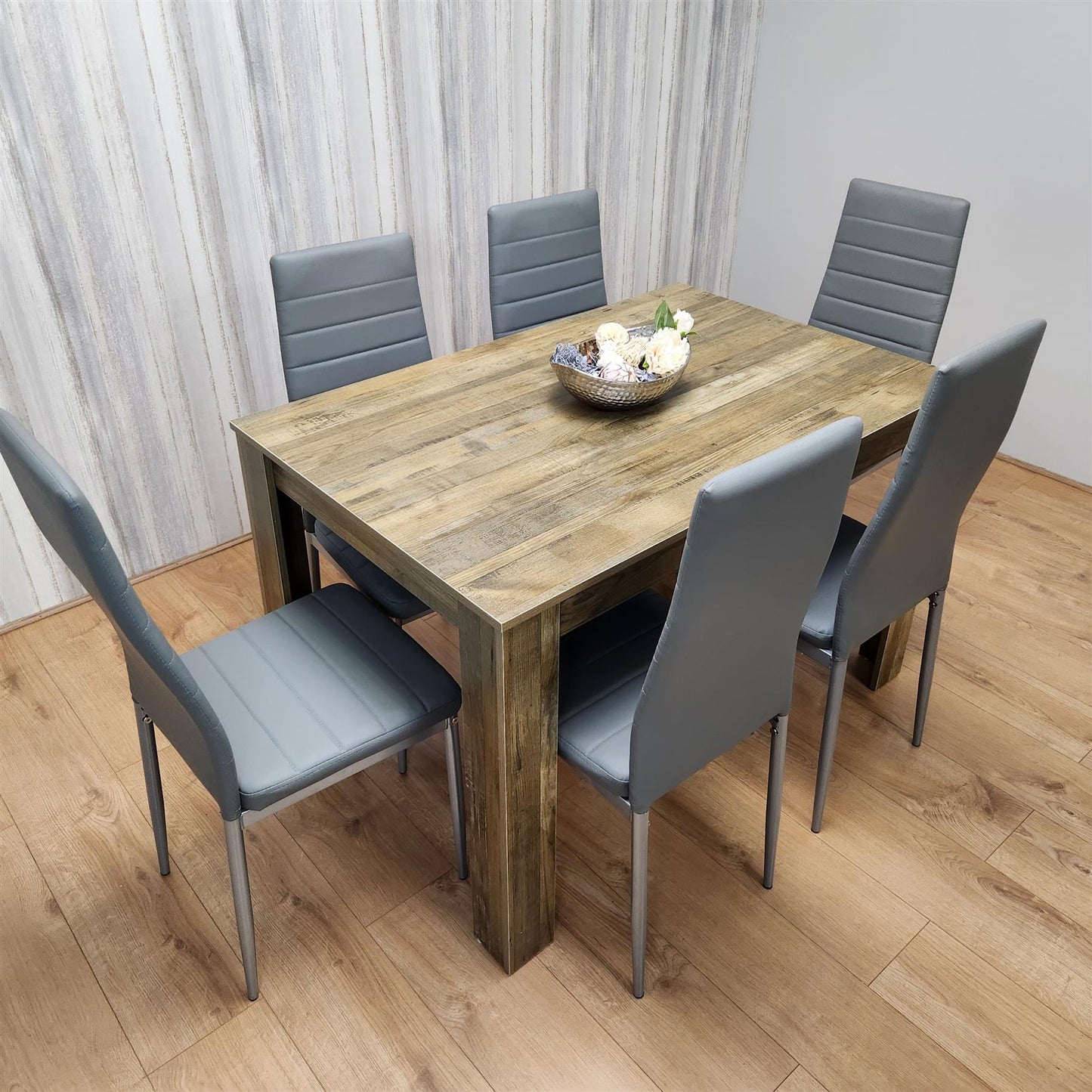 Dining Table and 6 Chairs Rustic Effect Wood Table 6 Grey Leather Chairs Dining Room