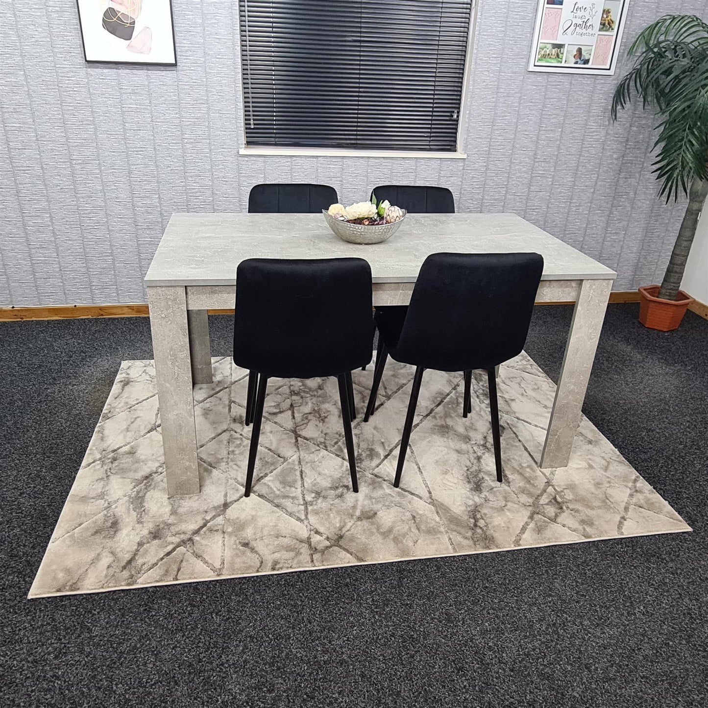 Dining Table and 4 Chairs Stone Grey Effect Wood Table 4 Black Velvet Chairs Dining Room
