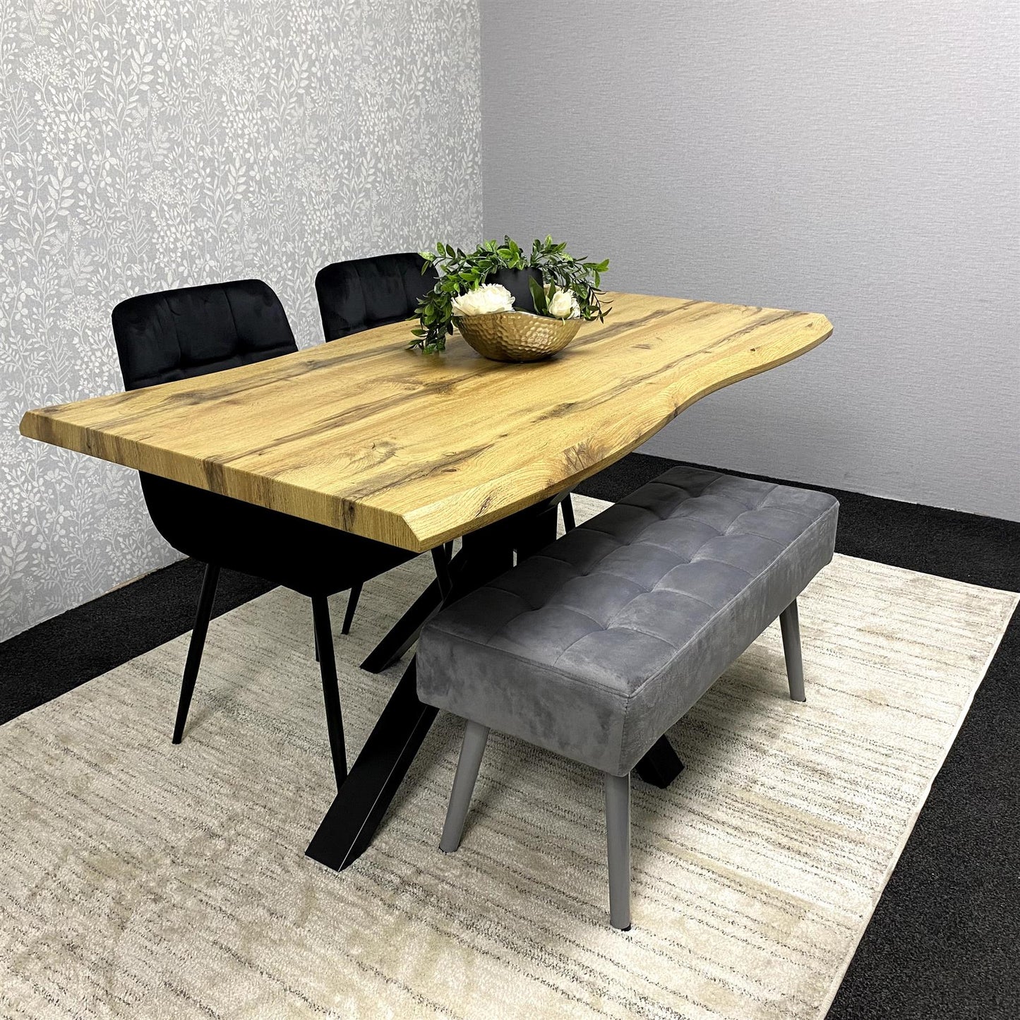 DOUBS Wood Dining Set with Velvet Chairs & Grey Velvet Bench