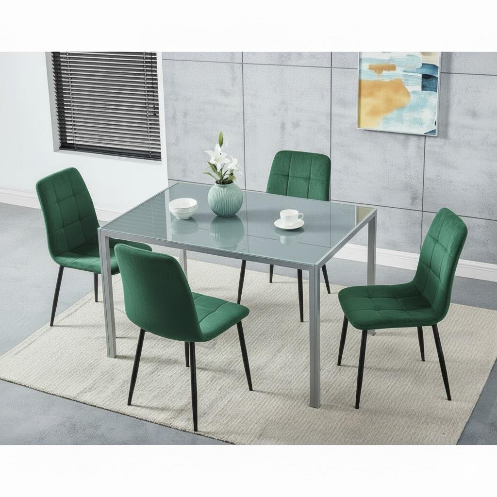 Modern Grey Glass Dining Table Set with 4 Green velvet Chairs Dining Furniture