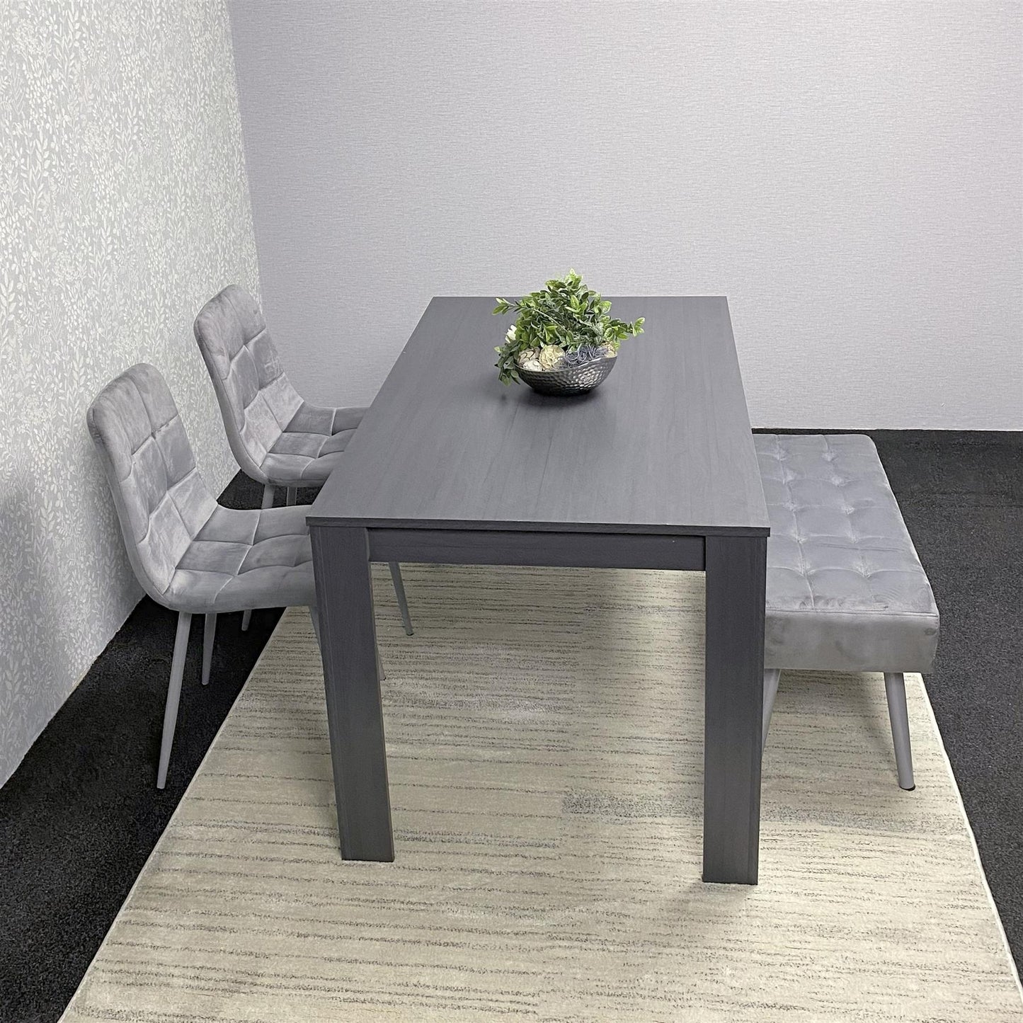 Dark Grey Wooden Dining Set with Velvet Chairs and Bench, Arrow Design