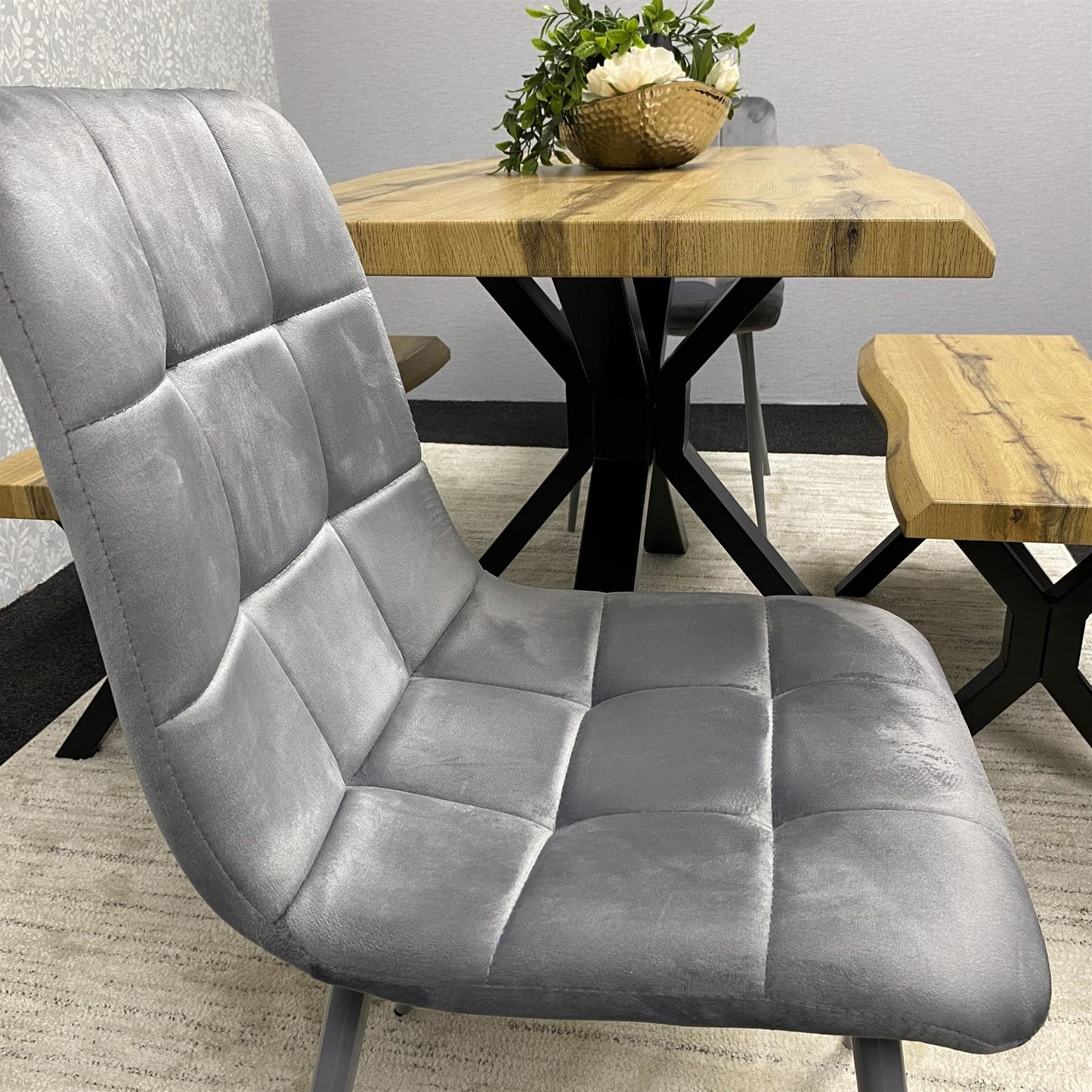 DOUBS Wooden Brown Dining Table with 2 Benches and Grey Velvet Chairs, Stylish Dining Room Furniture