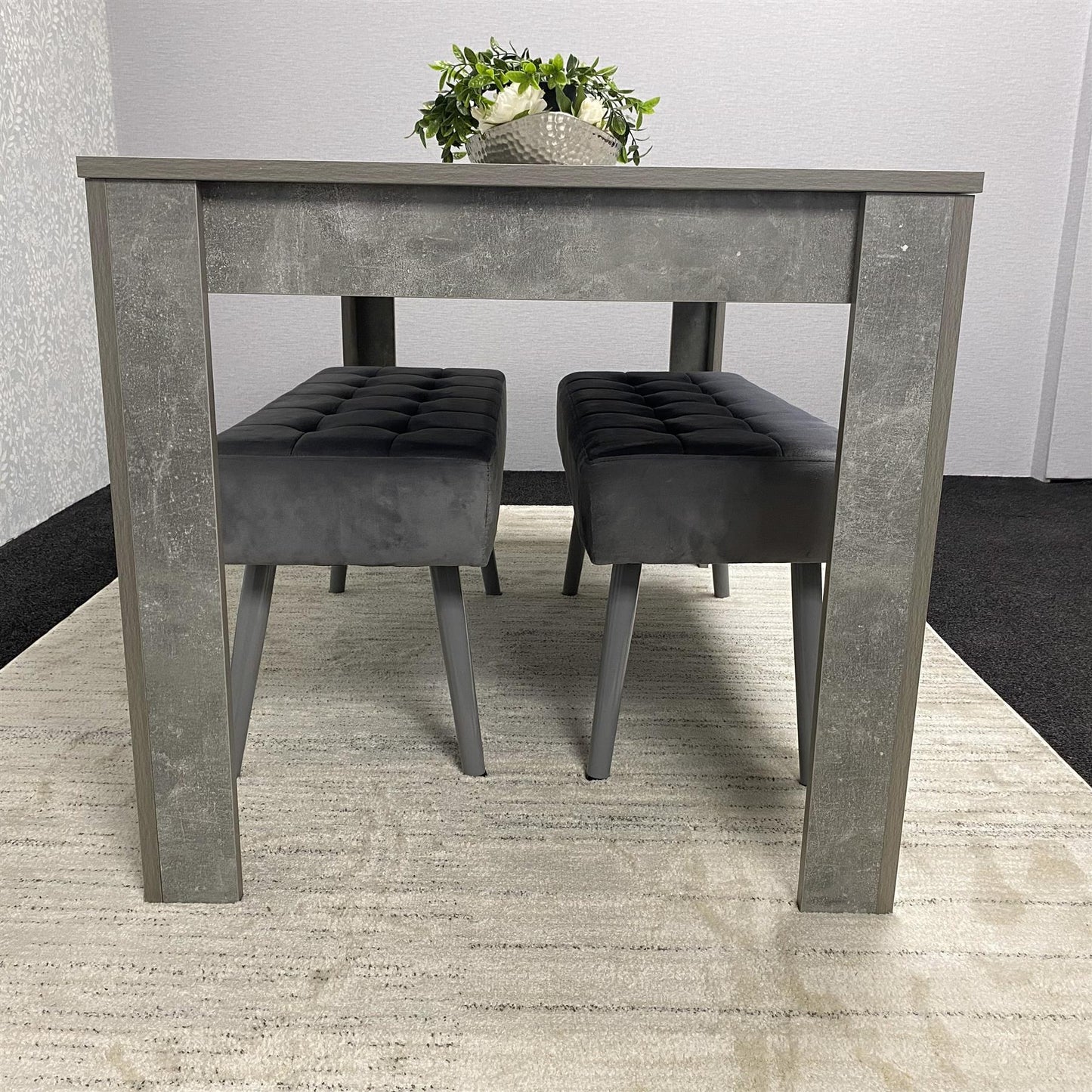 Grey Wooden Dining Table Set and 2 Benches with Metal Legs – Dining Kitchen Room Furniture
