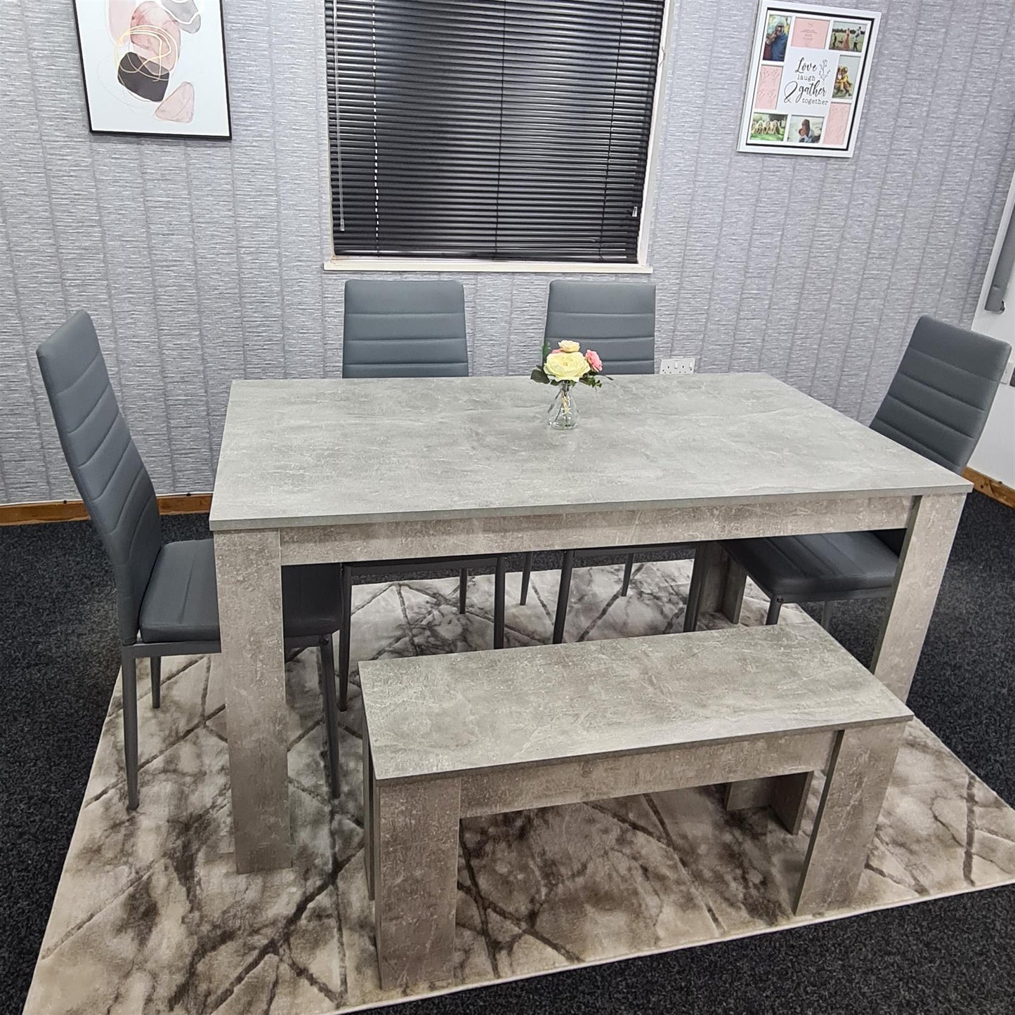 Dining Table and 4 Chairs With Bench Stone Grey Effect Wood Table 4 Grey Leather Chairs Dining Room