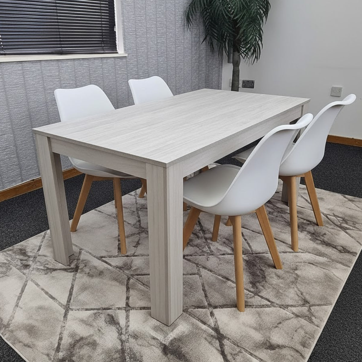 Grey Wooden Dining Table Set  With 4 White Plastic Leather Chairs Dining Room Furniture