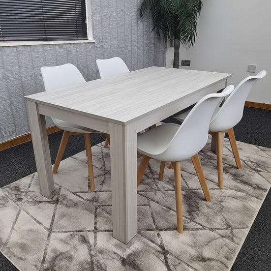 Grey Wooden Dining Table Set  With 4 White Plastic Leather Chairs Dining Room Furniture