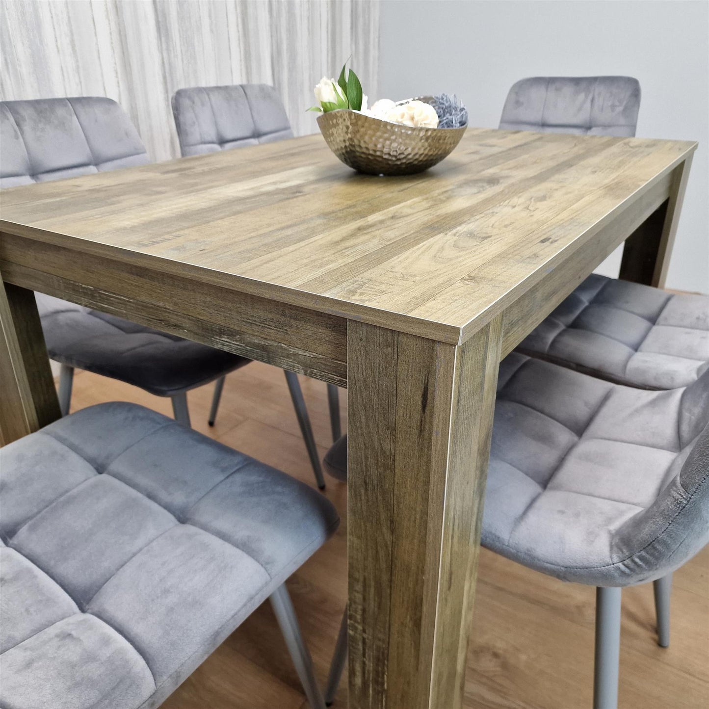 Dining Table and 6 Chairs Rustic Effect Wood Table 6 Grey Velvet Chairs Dining Room