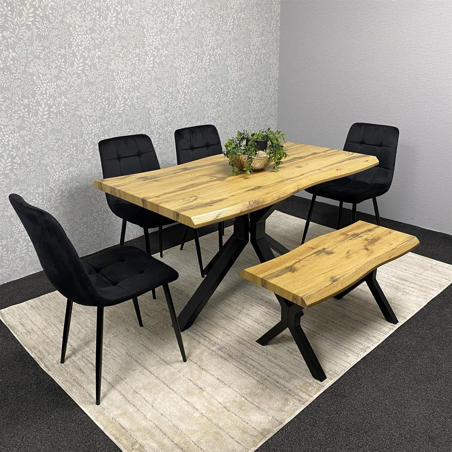 DOUBS Wooden Brown Dining Table with Bench and 4 Black Velvet Chairs, Stylish Dining Room Furniture
