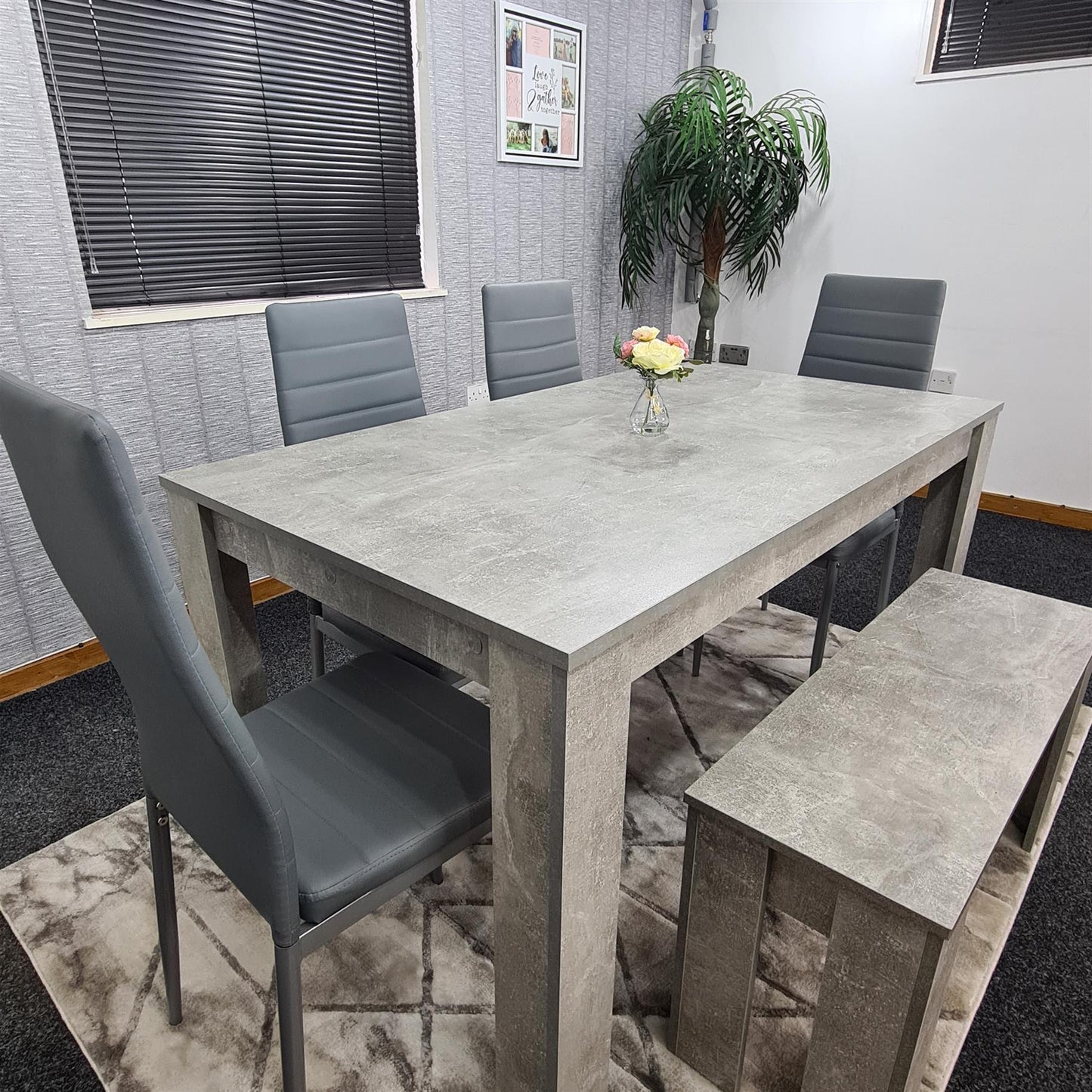 Dining Table and 4 Chairs With Bench Stone Grey Effect Wood Table 4 Grey Leather Chairs Dining Room