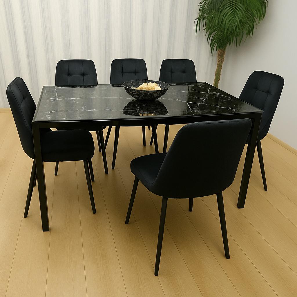 Black Glass Marble Effect Dining Table Set with Velvet Chairs