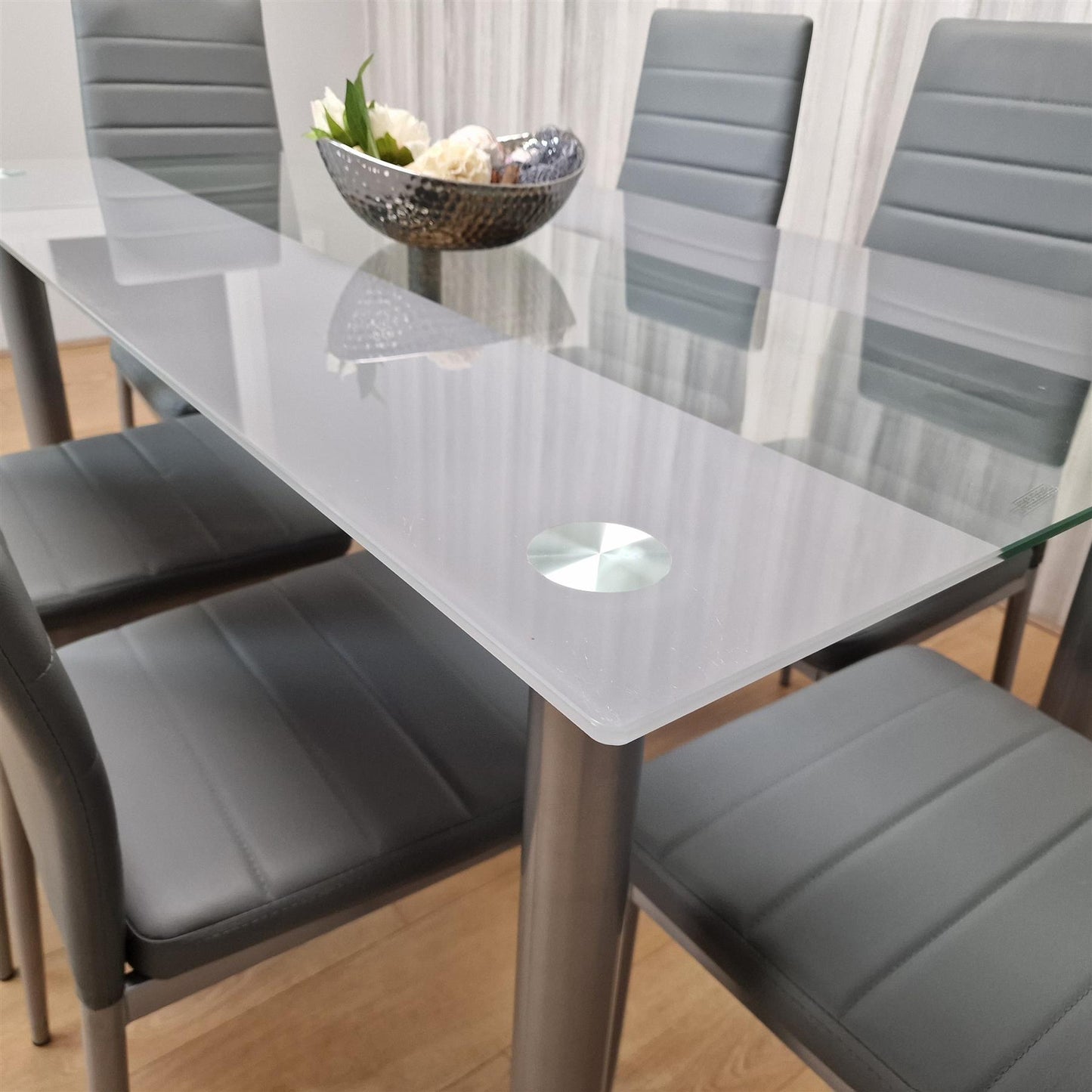 Dining Table and 6 Chairs Grey Clear Glass 6 Leather Grey Chairs Dining Room Furniture