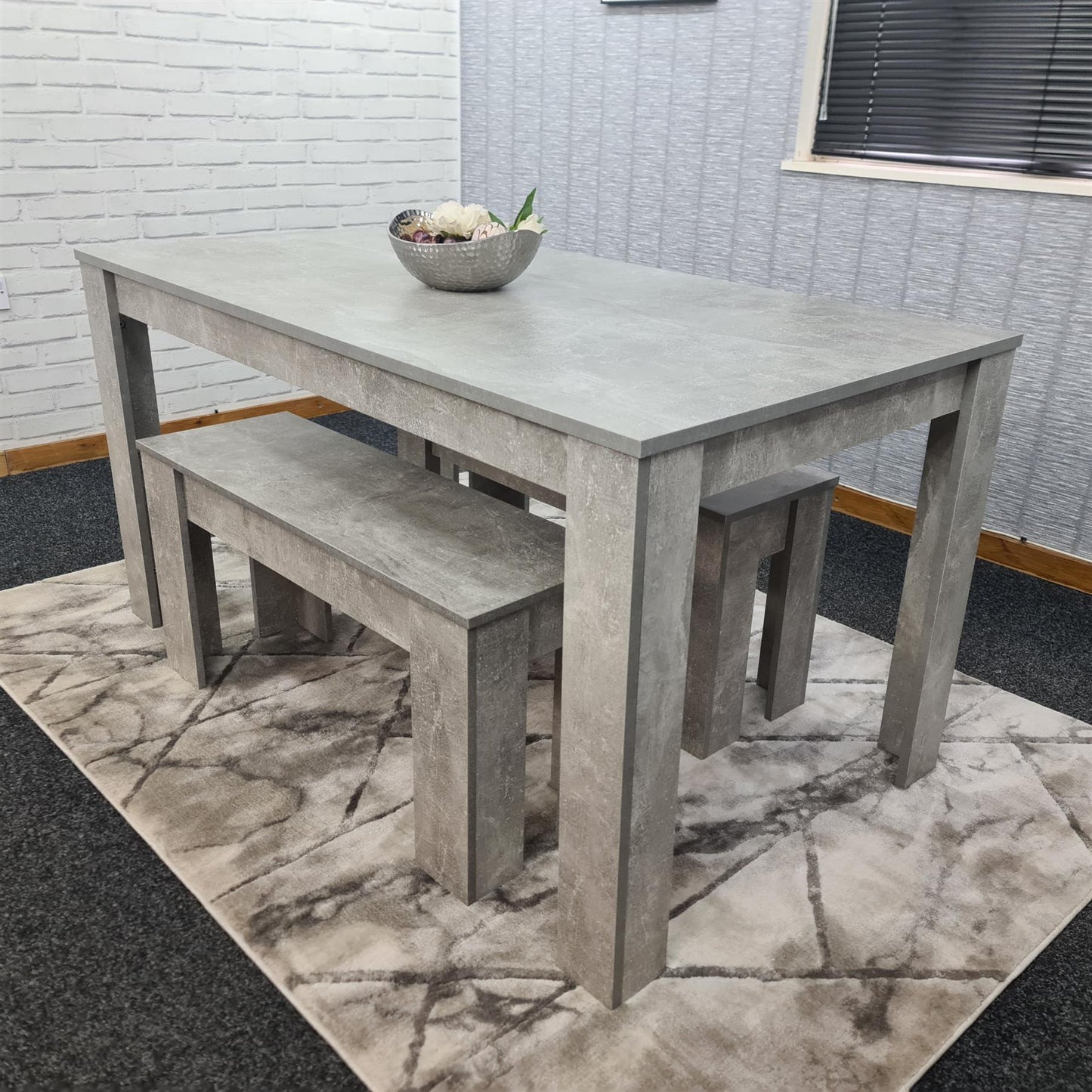 Dining Table and 2 Benches  Stone Grey Effect Wood Table 2 Grey Benches Dining Room Furniture